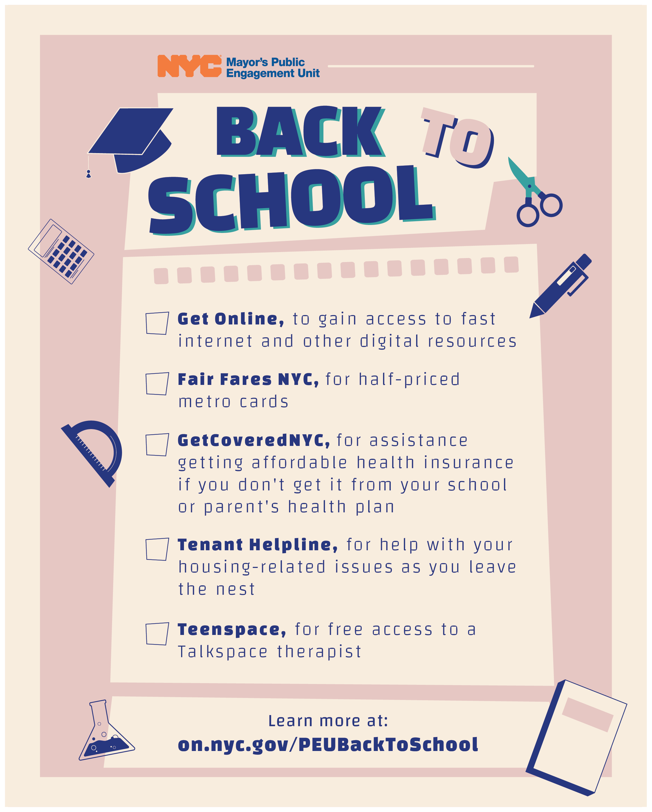 Back to School: Get online, GetCoveredNYC, Tenant Helpline, Fair Fares NYC, Teenspace
